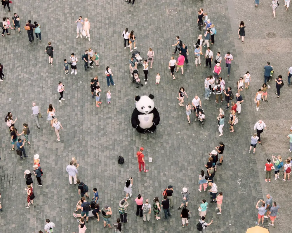 CV-Check Mobile Vogelperspektive einer Menge von Menschen auf einem Platz. Ein Mensch verkleidet als Riesenpanda steht im Mittelpunkt und sticht von der Masse hervor.
