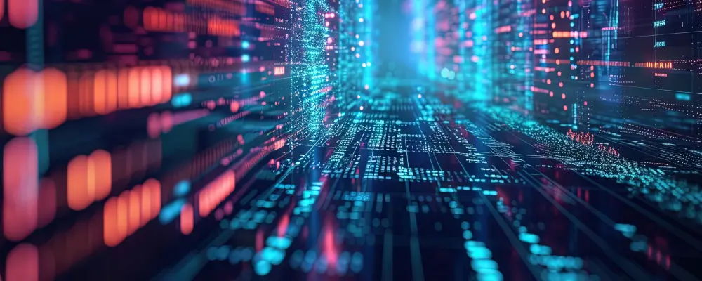 Visibility Mobile Innenleben eines Datenkabels mit blaue und rote Neonfarben abstrakt dargestellt.